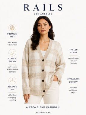 Rails Runi Cardigan Ivory Sand Plaid Alpaca Wool Blend Cozy Sweater size Medium